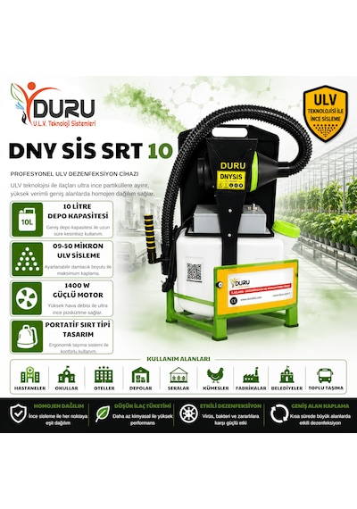 Duru Dny Sis Srt 10 10 L Sırt Tipi Ve Portatif Elektrikli U.l.v. Cihazı Dezenfeksiyon İlaçlama Ve Sisleme Makinesi