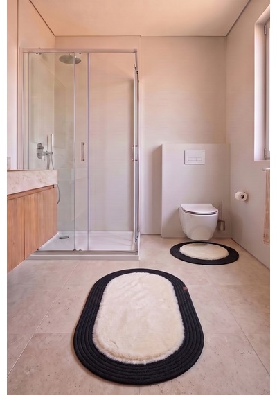 Banyo Paspası Takımı 60x100+60x60 Cm Düz Bej & Siyah Bej - Siyah