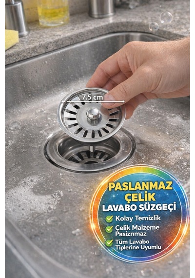 Paslanmaz Çelik Lavabo Süzgeci 8 Cm Gider Tıpası Mutfak Banyo Koku Önleyici Filtre
