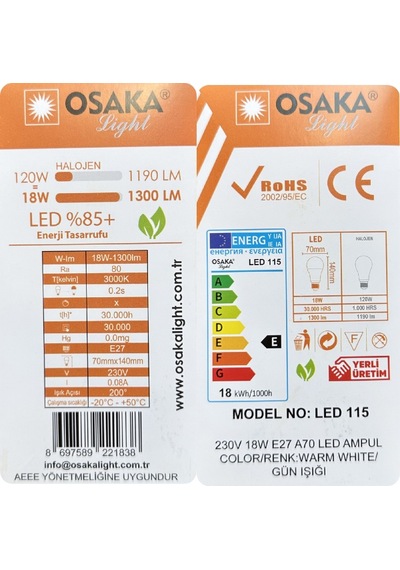 4 Adet Osaka 18w 120w Sarı Işık 3000k E27 Duylu Kalın Duy Led Ampul