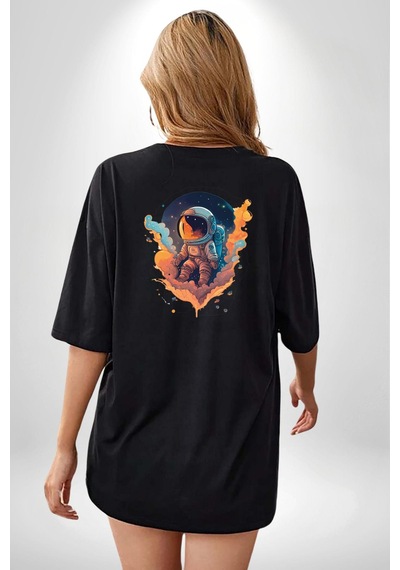 Bulutlar Astronot Uzay Siyah Oversize Unisex Ön Ve Sırt Baskılı Tişört Siyah
