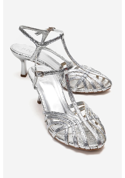 Luvishoes Felip Gümüş Desenli Bantlı Kadın Kısa Topuklu Ayakkabı Gümüş