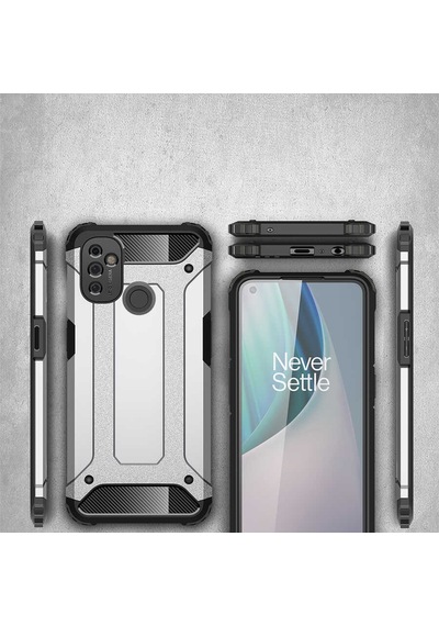 Noktaks - One Plus Uyumlu One Plus Nord N100 - Kılıf Çift Katman Zırh Tank Crash Military Kapak - Gri