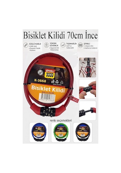 Şifreli Bisiklet Kilidi 70 Cm İnce 1 Adet K-3668 Çelik Halat Plastik Kaplamalı Bisiklet Kiliti Scooter Kapı Şifreli Kırmızı
