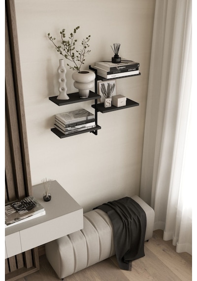 Aju 4 Katlı Duvar Rafı Metal Çerçeveli Dekoratif Kitaplık Ve Raf Ünitesi Modern Ve Minimalist Tasarım Siyah