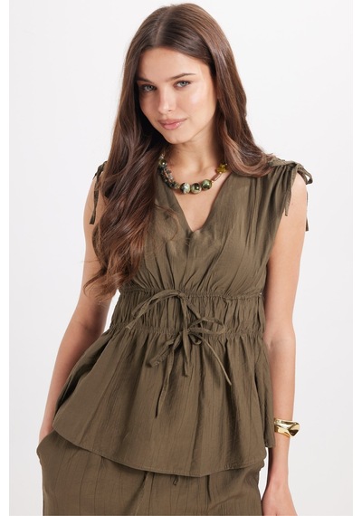 Tudors Kadın Standart Fit Normal Kesim V Yaka Beli Büzgülü Bağcıklı Bluz Geniş Paça Haki Pantolon Takım-51028