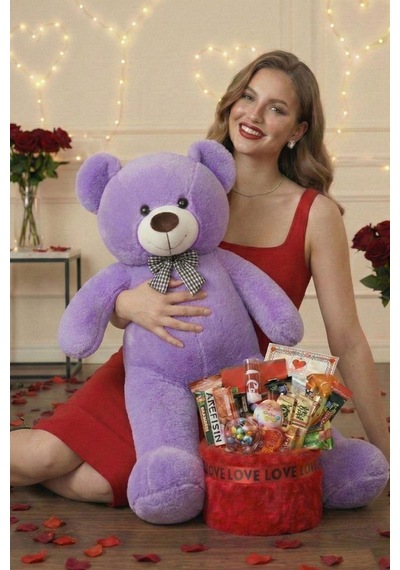 3 Lü Kadınlar Günü Hediye Seti 90 Cm Peluş Ayı, Love Çikolata Sepeti & Mavi Peluş Ayıcık Buketi 75765846