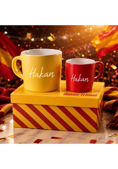Bk Gift Kişiye Özel İsimli Kutulu Sarı Kırmızı Taraftar Renkleri Temalı İkili Seramik Kupa&fincan Seti-2 Çok Renkli