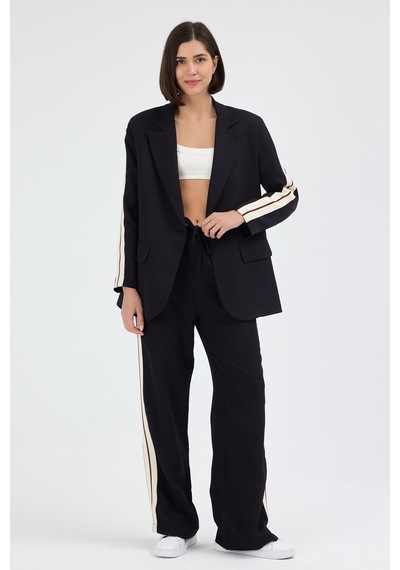 Diemmood Kadın Yan Şerit Detaylı Oversize Blazer Ceket & Palazzo Siyah Takım