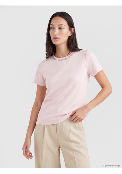 Lcw Everyday Pembe Bisiklet Yaka Taşlı Kadın Tişört