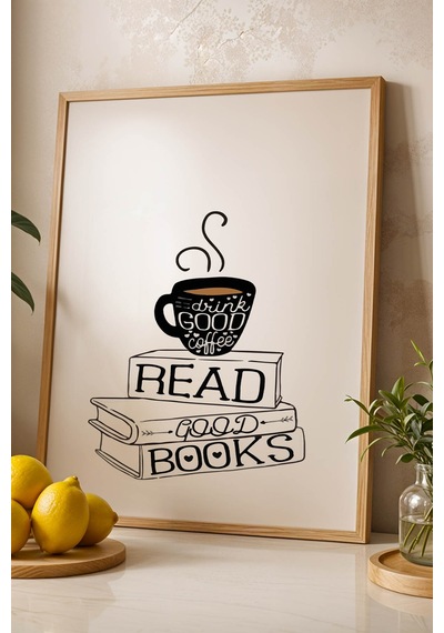 Retro Coffee And Books Tasarım Çerçeveli Tablo - Sanatsal Mutfak Ve Çalışma Odası Duvar Dekoru Kayın