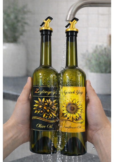 Korumalı Standlı Zeytinyağı Ve Ayçiçek Yağı Şişesi Seti, Etiketli Ve Yağdanlıklı, 750 Ml, 2 Adet Altın