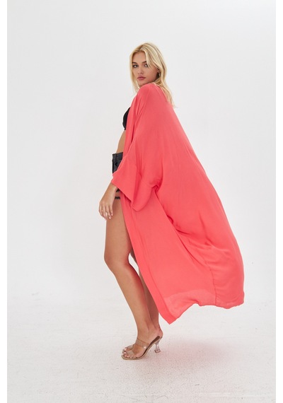 Kutaf Nar Çiçeği Uzun Kimona/ Beachwear Narçiçeği