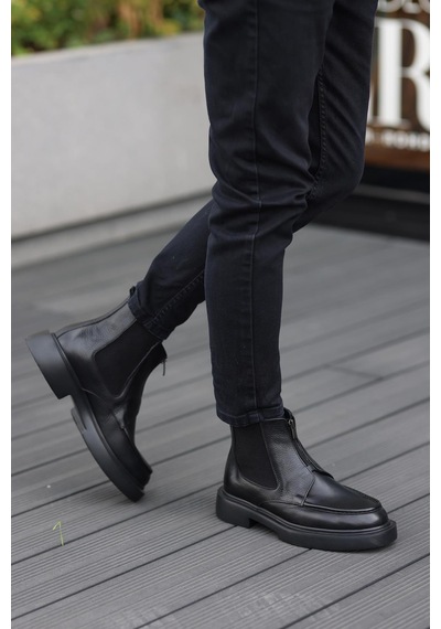Shoetyle - Siyah Deri Fermuarlı Erkek Bot 250-085-1077 Siyah