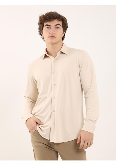 Dufy Bej Erkek Slim Fit Klasik Yaka Uzun Kol Gömlek - 97956 Bej