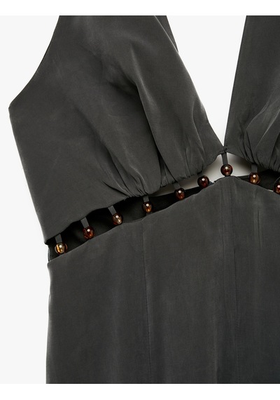 Koton Viskon Halter Yaka Boncuk Detaylı Kolsuz Uzun Elbise Antrasit 6sak80362uw