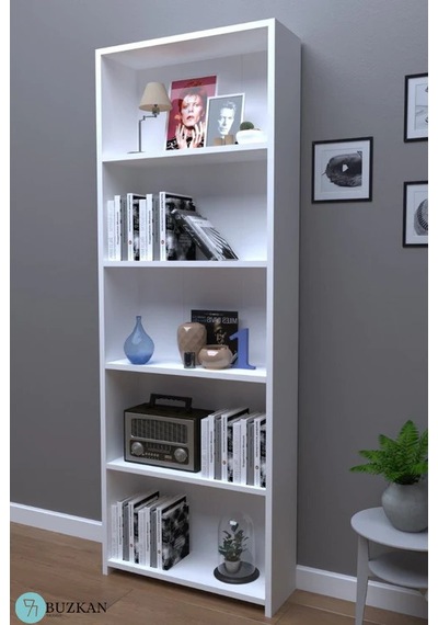 MDF 169 cm Genişlik Beyaz 5 Raflı Kitaplık