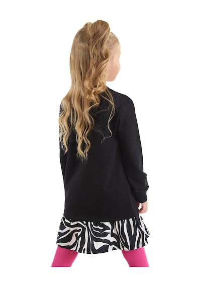 Denokids Kız Çocuk Kışlık Zebra Desenli Pamuklu Siyah Uzun Kollu Fırfırlı Elbise 4-10 Yaş