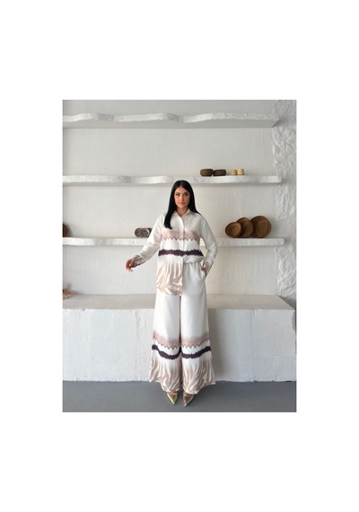 Wellway İthal Chokella Kumaş Çiçekli Tunik Gömlek & Pantolon 2li Takım-bej -26107 Bej