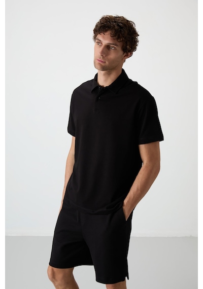 Air Jones Tommy Life Siyah Pamuklu Kalın Yumuşak Dokulu Polo Yaka Oversize Fit Basic Erkek T- Shirt - 88381 Siyah