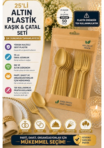 25'li Set Altın Plastik Çatal Kaşık Seti Kullan At Parti Davet Şık Sunum 50 Parça Sert Plastik Paketli