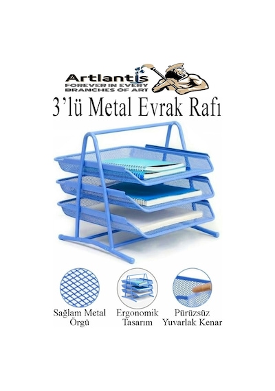 Mavi Metal Evrak Rafı 3 Lü Masaüstü Kalemlik 3 Lü Ve Fileli Çöp Kovası 1 Paket Masaüstü A4 Dosya Düzenleyici Not Mavi
