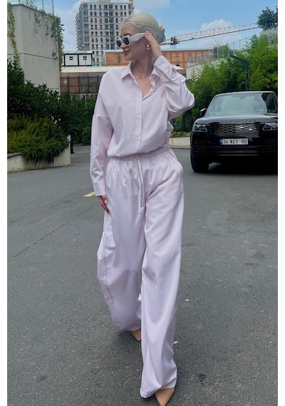 Madmext Pembe Uzun Kollu Çizgili Gömlek Pantolon İkili Takım Mg2124-pembe Pembe