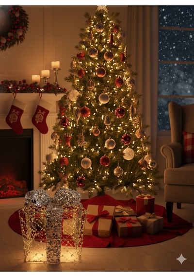 25x25 Cm Yılbaşı Hediye Paketi Metal Süs - Gold Gümüş Payetli Boncuklu Lüks Noel Ağaç Altı Dekorasyonu Diğer