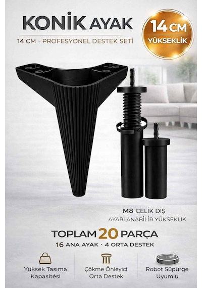 İmt Aksesuar Konik 14 Cm Siyah Mobilya 20 'li Set Robot Süpürgeye Uyumlu Koltuk Tv Ünitesi Konsol Ayağı Siyah