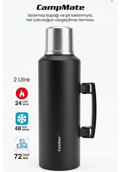 Cooker 2 Litre Kulplu Paslanmaz Çelik Kamp Termos Ckr-2128 Siyah