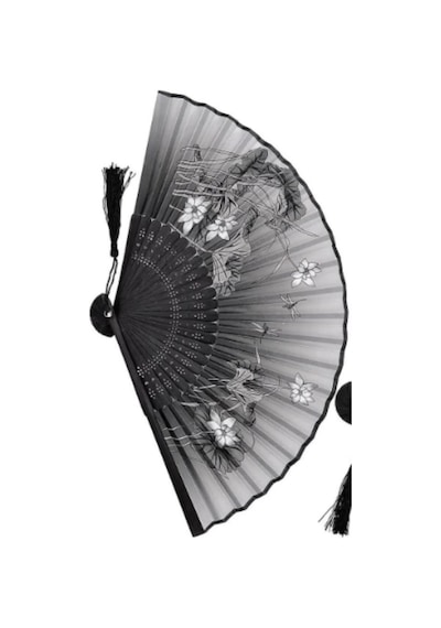 Beluga Yelpaze Bambu Kumaş Serinletici Vintage Siyah Şık Dekorasyon Püsküllü Japon Yelpaze 0365