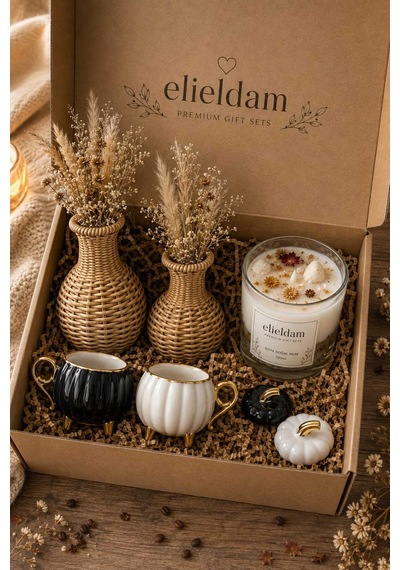 Doğum Günü, Özel Gün, Yeni İş, Yeni Ev Hediyesi İkili Porselen Fincan, Büyük Soya Mum, İkili Rattan Vazo Ve Kuru Çiçek Seti