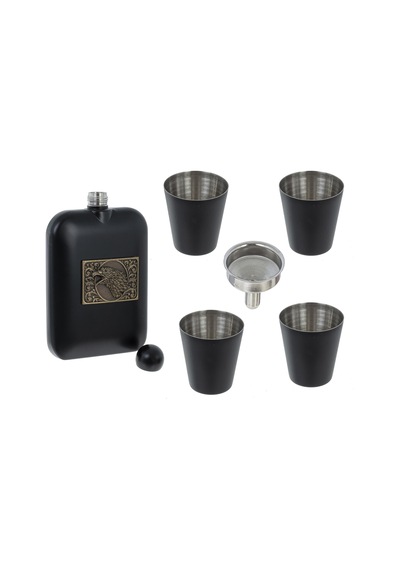 Lüks Kartal Logolu Paslanmaz Çelik İçki Matarası Avcı Kamp Outdoor Hediye Seti Cep Matarası 240 Ml. Siyah