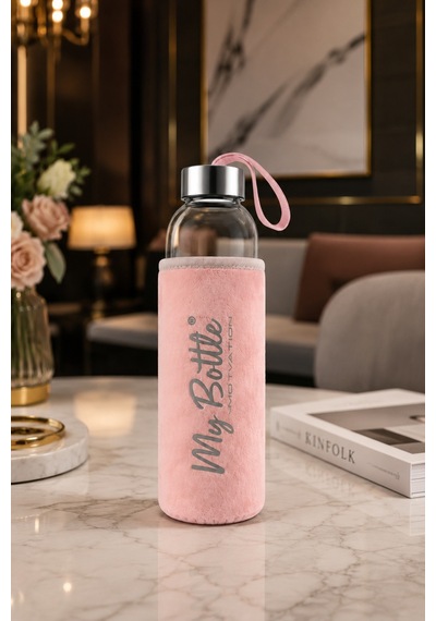 My Bottle Peluş Kılıflı Cam Matara Taşıma Askılı Şık Su Şişesi Stone Grey