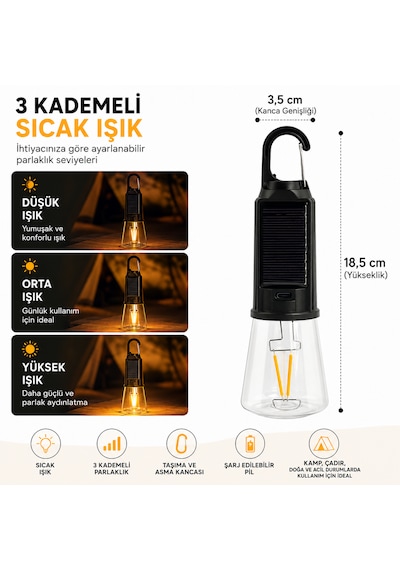 Şarj Edilebilir Led Kamp Lambası 3 Kademeli Sıcak Işık Asma Kancalı Taşınabilir Çadır Ve Acil Durum Lambası