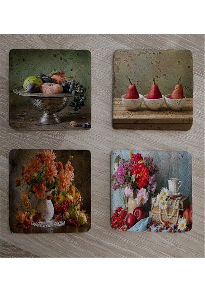 Armut Meyveler Ve Çiçekler Doğal Taş Bardak Altlığı 4'lü Set - Natural Stone Coasters - Taş Çok Renkli