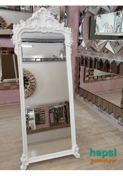 Vintage Madam Model Beyaz Renk Varaklı Ayaklı Boy Aynası Beyaz
