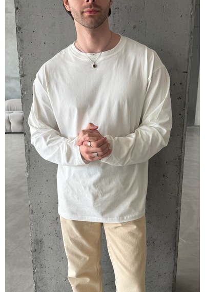 Erkek Oversize Uzun Kollu Basic T-shirt Beyaz