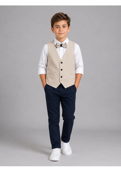 Classics Men Erkek Çocuk Smokin Takım Elbise Yelekli Papyonlu Krem