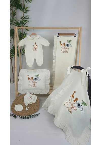Gros Shop Müslin Yeni Doğan 4katlı Organik %100pamuk Kişiye Özgü Nakışlı Hastane Çıkış Seti Safari Model-3 Ekru