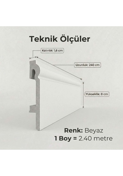 Espumo Kompozit Süpürgelik 8 cm Beyaz | Suya Dayanıklı Parke Duvar Süpürgelik 2,40 m ESP301