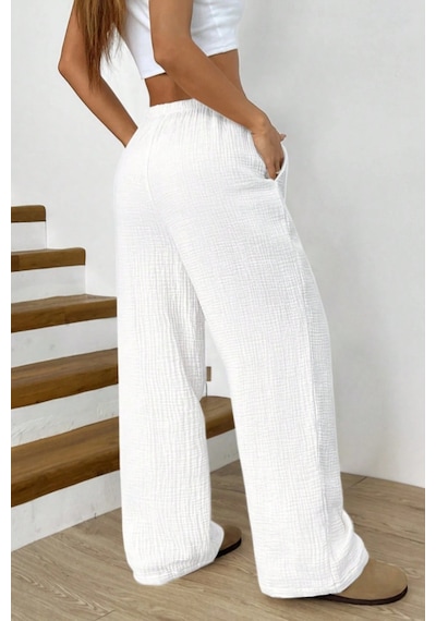 Tarz Cool Bol Paça Müslin Kadın Pantolon Kmslpnt0125 Beyaz