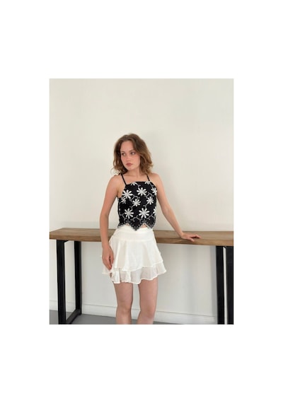 Verymoda Çiçek Motifli Askılı Bluz D3122 Siyah