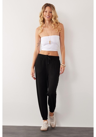 Tudors Kadın Relax Fit Rahat Kesim Modal Kumaş Beli Bağlamalı Lastikli Jogger Siyah Eşofman Altı-39586