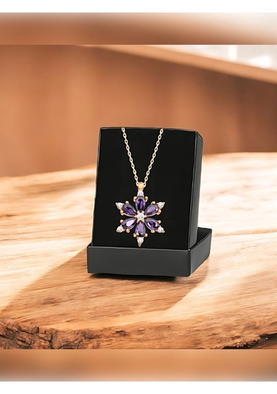 Altın Renk Mor Damla Taşlı Lotus Kamelya Çiçeği Çelik Kolye - 3418 Çok Renkli