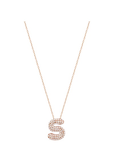 Beyaz Zirkon Taşlı Gümüş Harf Kolye - S Harfi Rose Gold