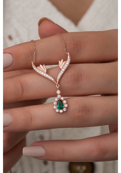925 Ayar Gümüş Yeşil Damla Taşlı Tasarım Kolye Kadın Gümüş Kolye Rose Gold