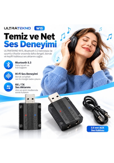 W15 Bluetooth 5.3 2'si 1 Arada Ses Alıcı Verici Rx Tx 3.5mm Aux Usb Adaptör Araç Tv Pc Hoparlör Kulaklık