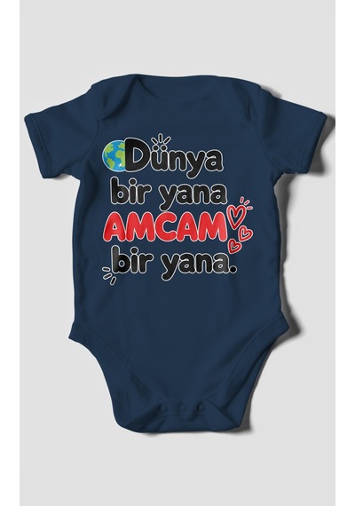 Morivokids Dünya Bir Yana, Amcam Bir Yana Kısa Kollu Bebek Body %100 Pamuk Lacivert