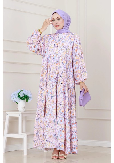 Sevitli Lilyum Çiçekli Elbise-lila-5255 Lila
